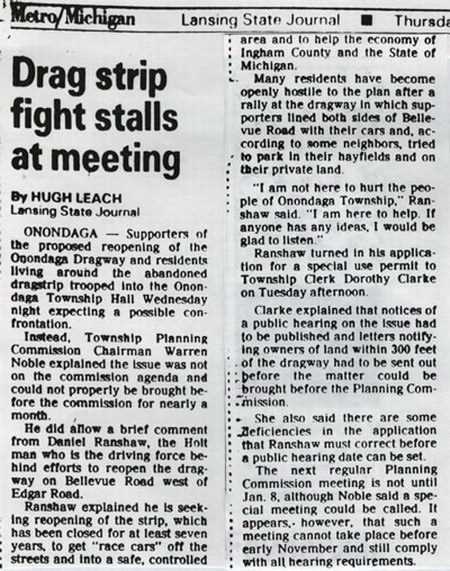 Onondaga Dragway - Article From Lansing State Journal